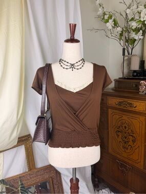 Duck Head Brown Lace-Trim Smocked Wrap Top Summer Y2K Blouse Vintage Style